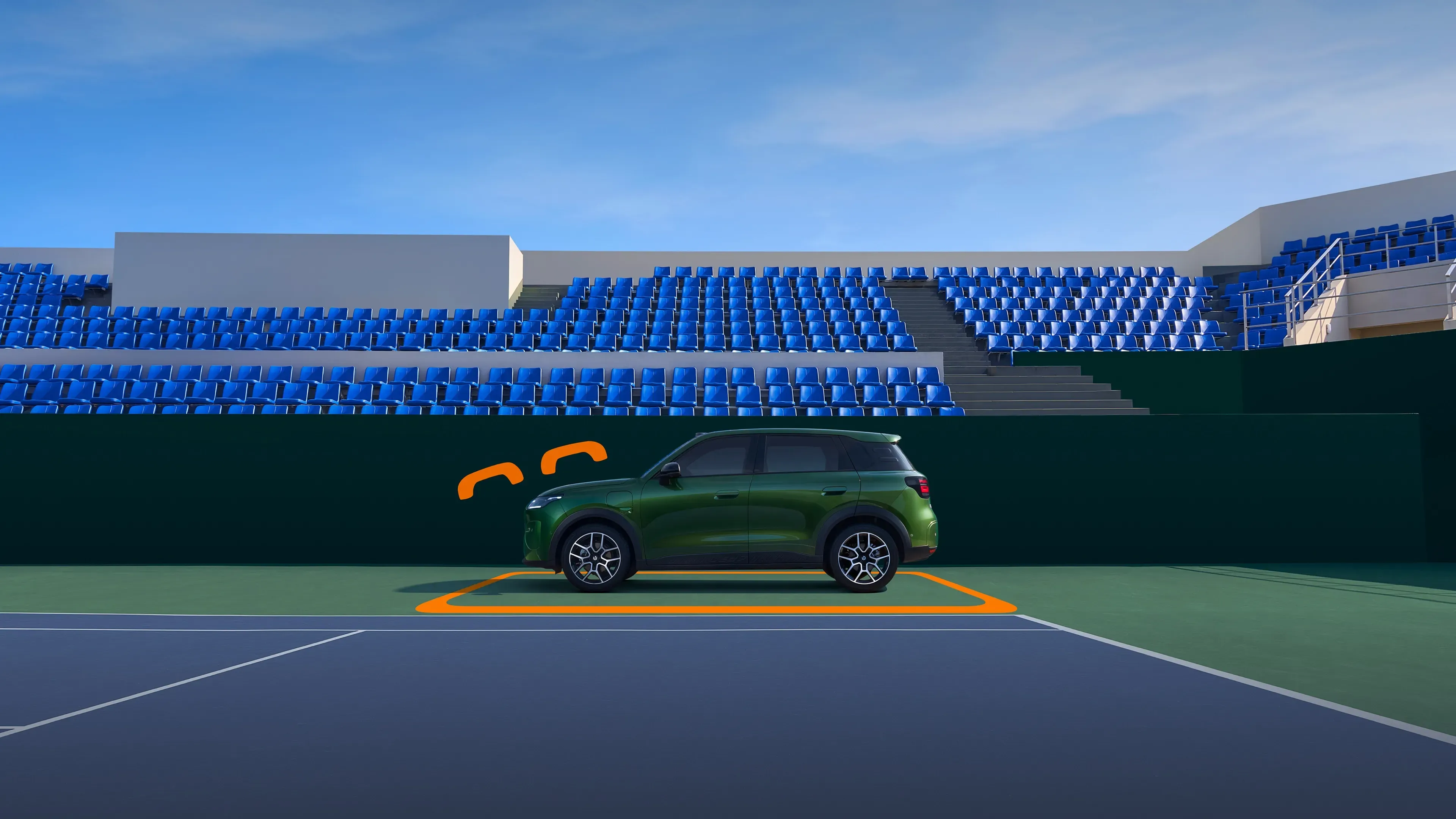 Leapmotor A10 crossover rendering in green, parked on a tennis court with a smart-parking graphic overlay